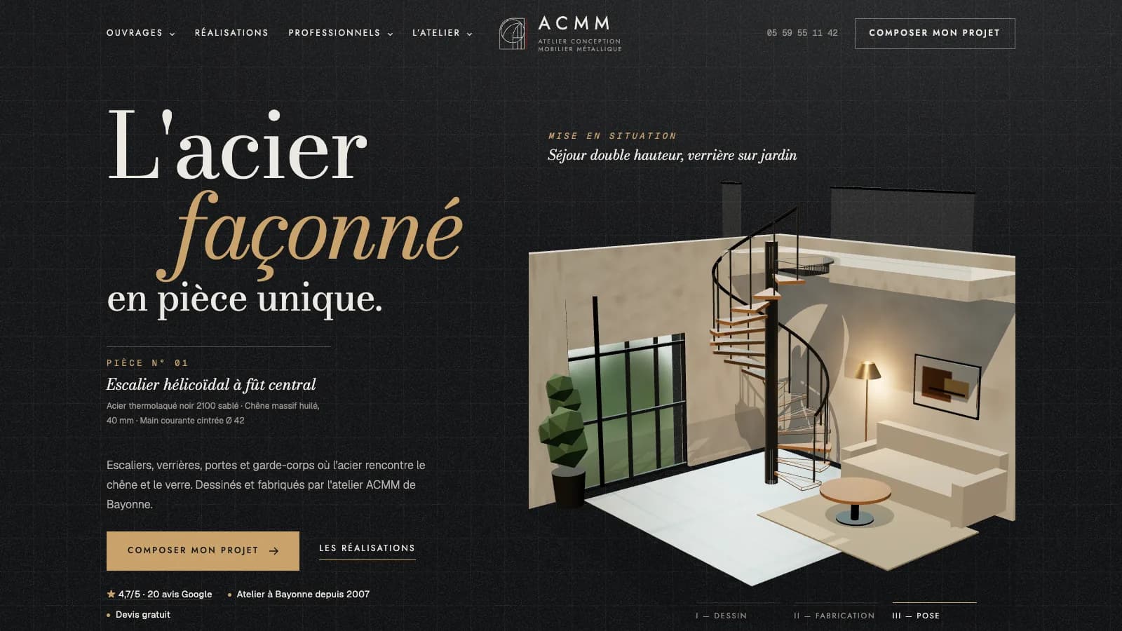 Page d’accueil du nouveau site ACMM : un escalier hélicoïdal en acier et chêne dessiné en 3D